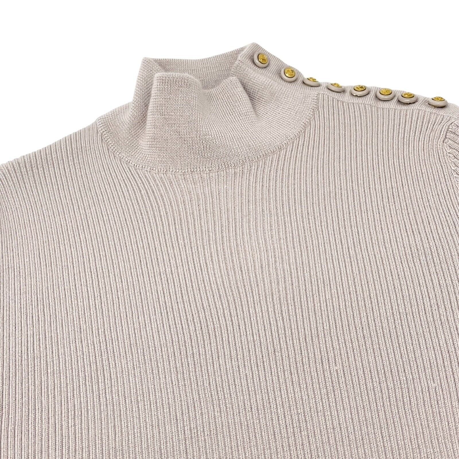 CHANEL Vintage 94A CC Logo Rib Knit High Neck Sweater Top #42 Gray Rank AB+