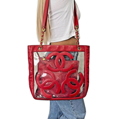 CHANEL Vintage Triple CC Logo Clear Tote Shoulder Bag Red Pouch 902320