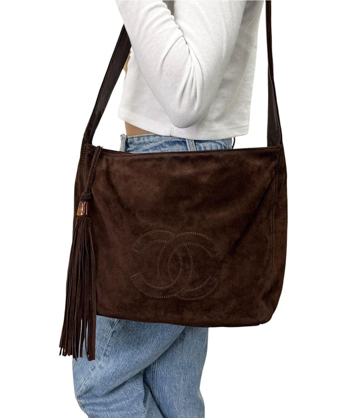 CHANEL Vintage CC Fringe Crossbody Shoulder Bag 2way Bag Brown Suede 902326