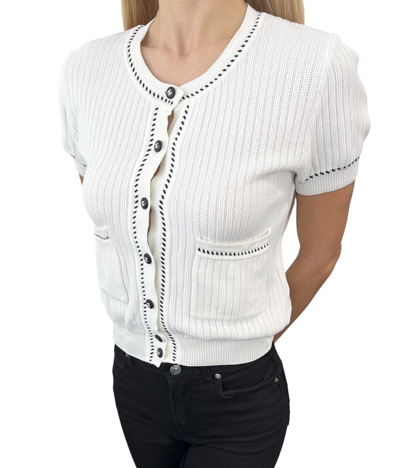 CHANEL Vintage 96P CC Logo Rib Knit Cardigan Top #40 Short Sleeve White Cotton