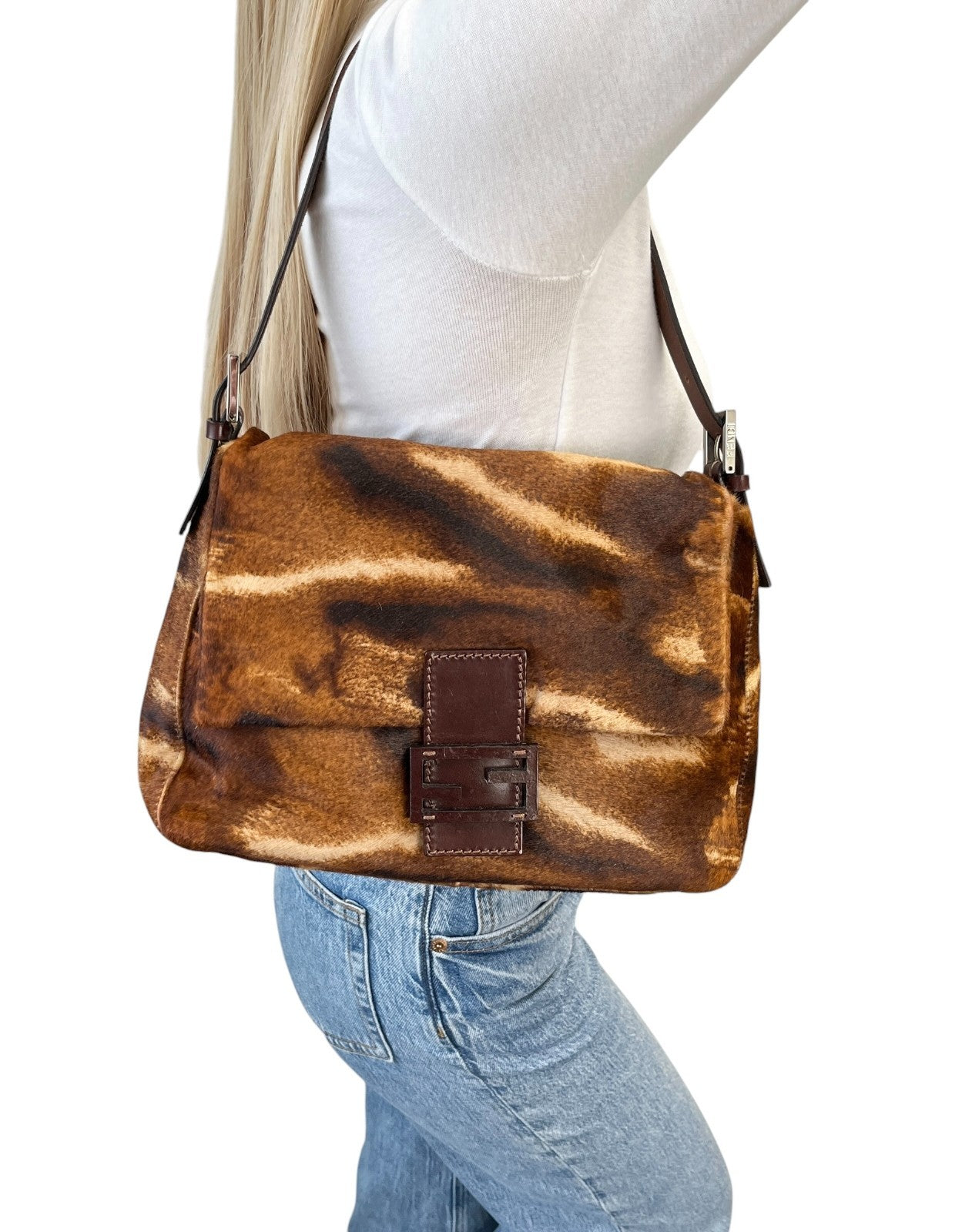 FENDI Vintage FF Logo Mamma Baguette Pony Calf Hair Shoulder Bag Brown Leather