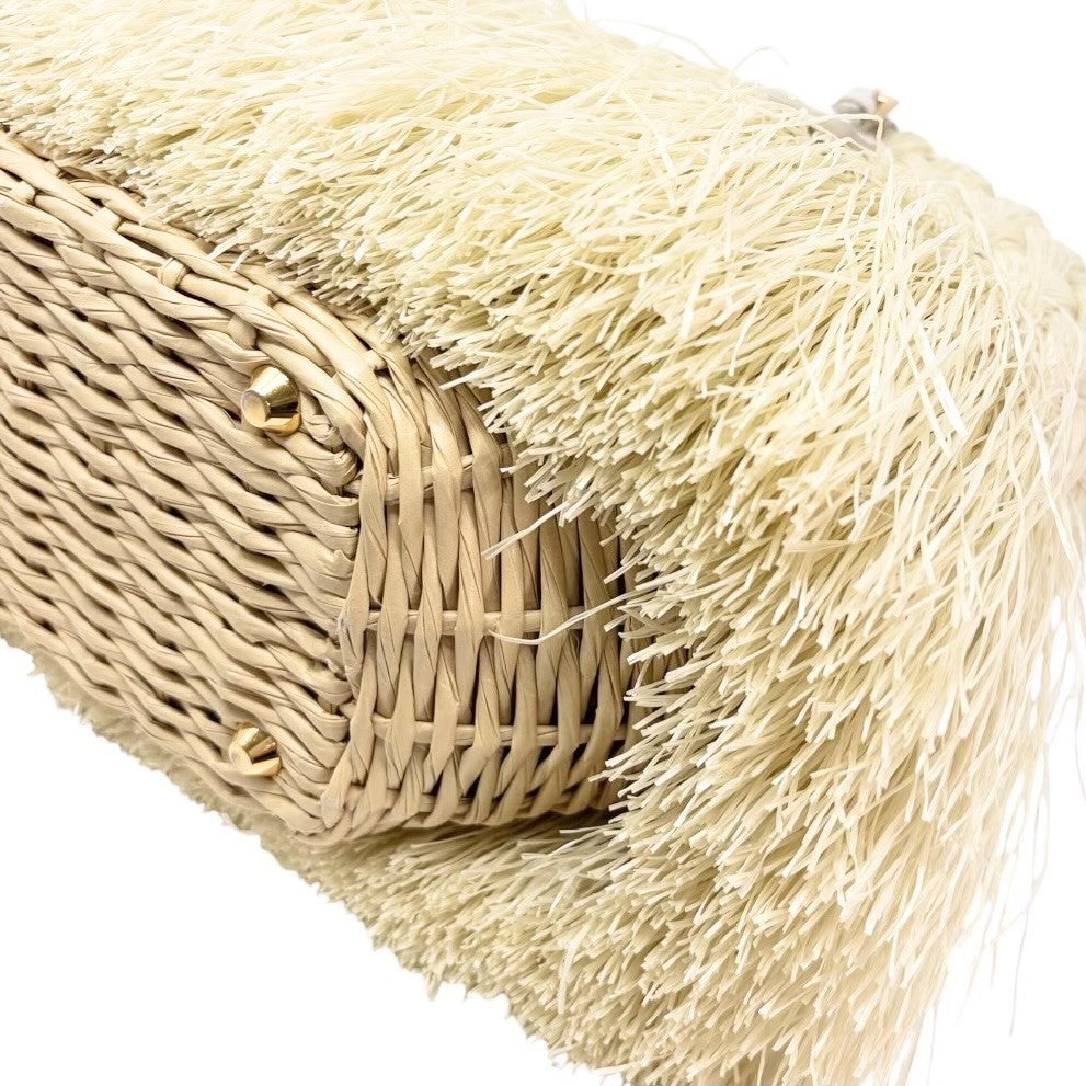 PRADA Vintage Fringe Raffia Straw Tote Crossbody Bag 2way Cream Gold 902091