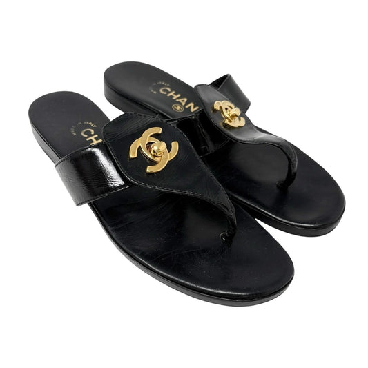 CHANEL Vintage Turnlock CC Logo Flat Thong Sandals #37 Leather Black Gold 901942