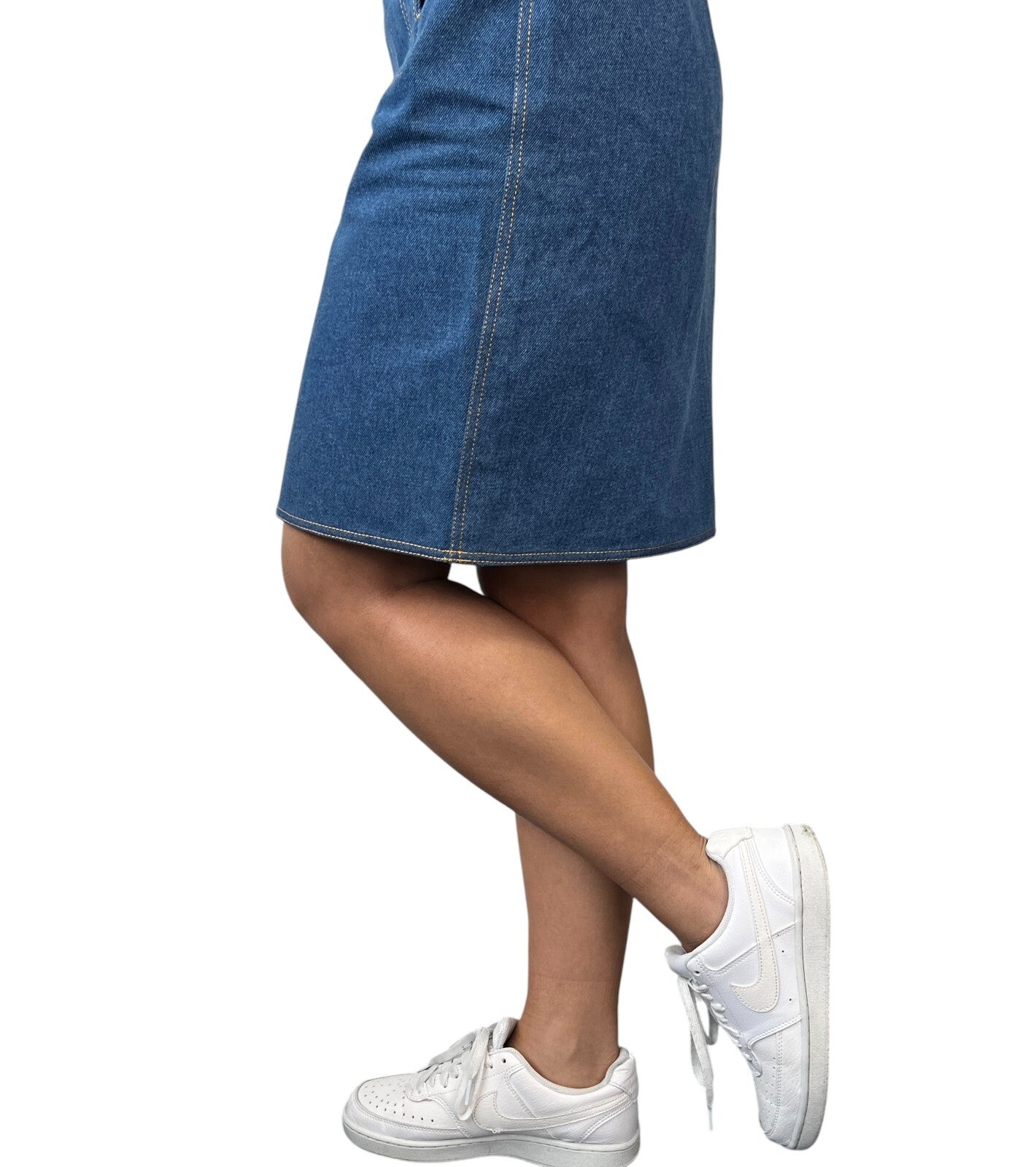 CHANEL Vintage P03207 CC Mark Logo Denim Skirt #36 Blue Gold Cotton Button