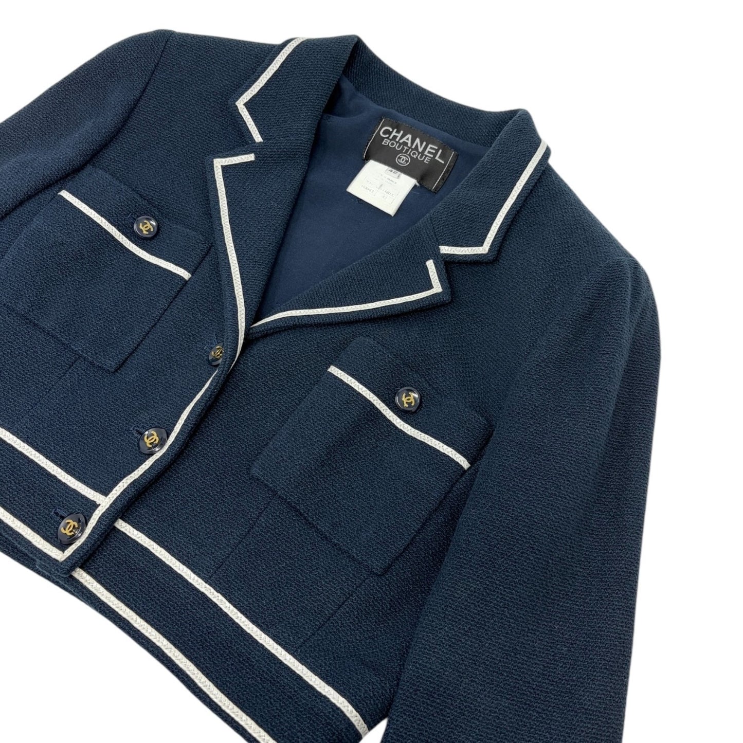 CHANEL Vintage P95 CC Logo Collared Cropped Jacket #42 Dark Blue Cotton Button