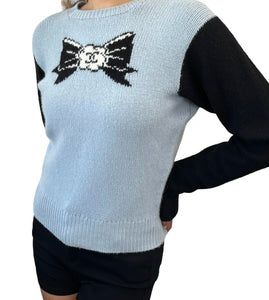 CHANEL Vintage 95A CC Ribbon Logo Sweater #38 Long Sleeve Top Blue Cashmere