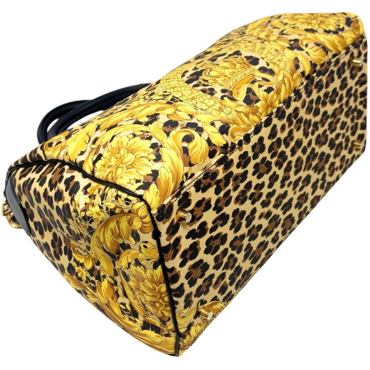 VERSACE Vintage Logo Leopard Baroque Crown Satchel Bag Yellow Black 902314