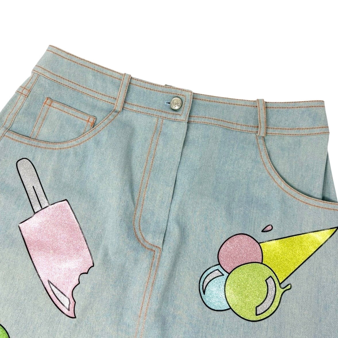 Christian Dior Vintage 2002 Glitter Denim Skirt Ice Cream Print #38 Blue Cotton