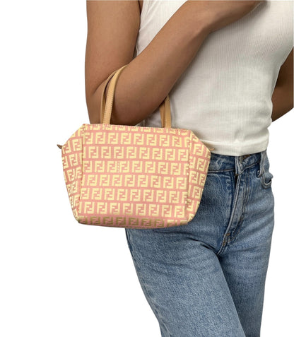 FENDI Vintage FF Logo Zucchino Mini Handbag Pink Yellow Canvas 902482