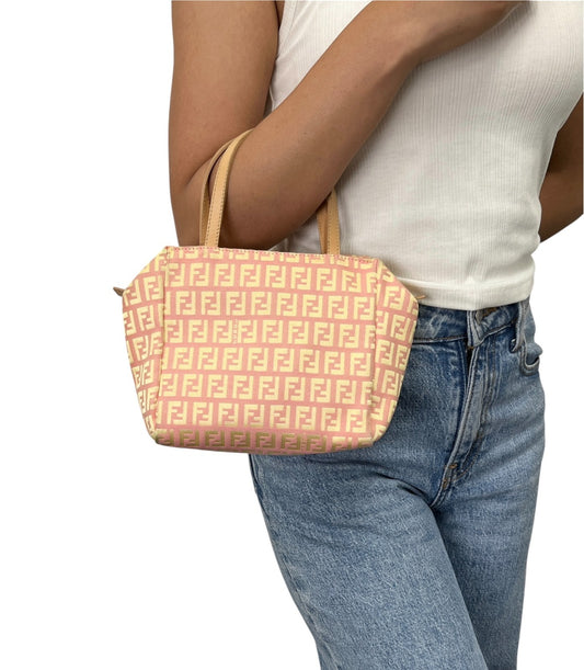 FENDI Vintage FF Logo Zucchino Mini Handbag Pink Yellow Canvas 902482