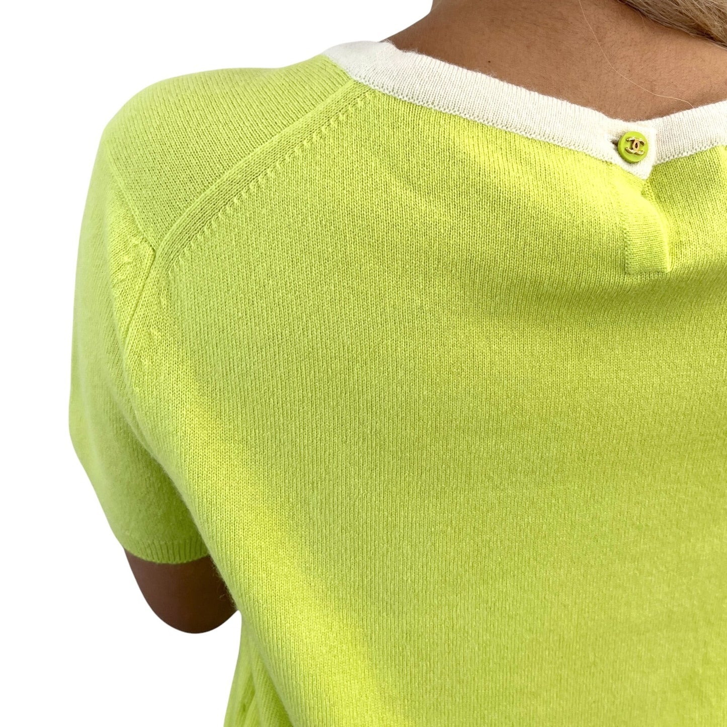 CHANEL Vintage 96C Coco Mark Logo Knit Top #44 Green Gold Cashmere Button