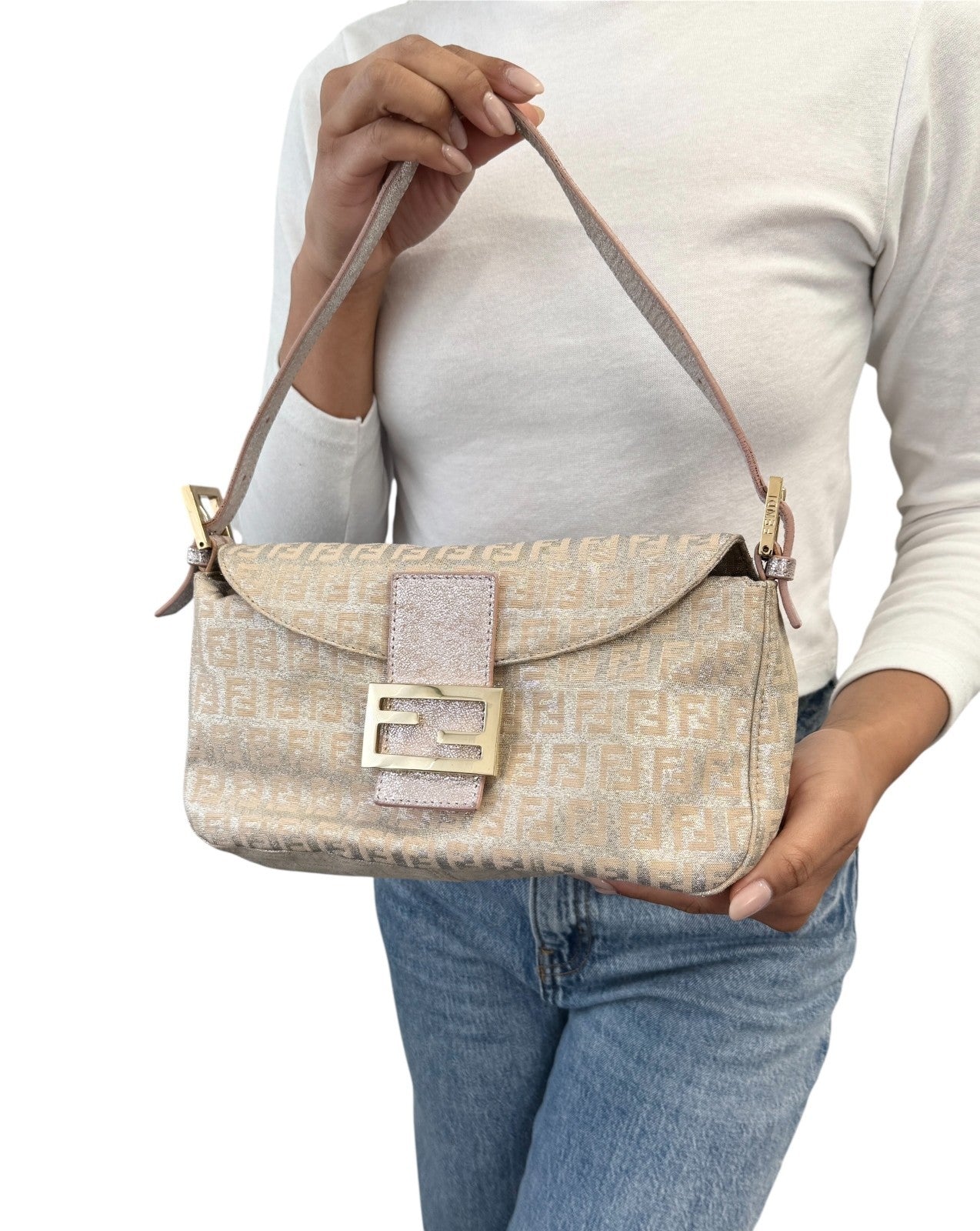 FENDI Vintage FF Logo Zucchino Mamma Baguette Glitter Shoulder Bag Pink 902262