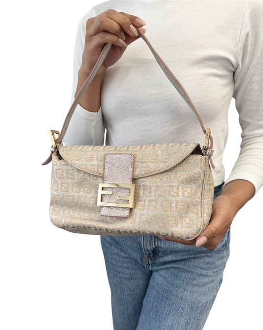 FENDI Vintage FF Logo Zucchino Mamma Baguette Glitter Shoulder Bag Pink 902262