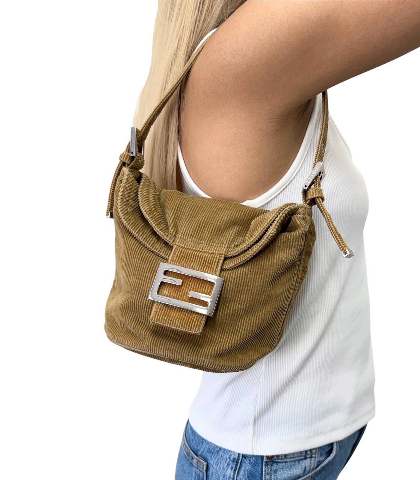 FENDI Vintage FF Logo Mamma Baguette Mini Shoulder Bag Beige Corduroy 901886