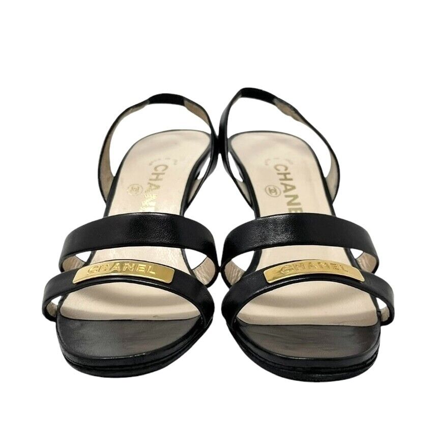 CHANEL Vintage 98P CC Logo Heels Mules Sandals #36.5-37 Black Gold Leather