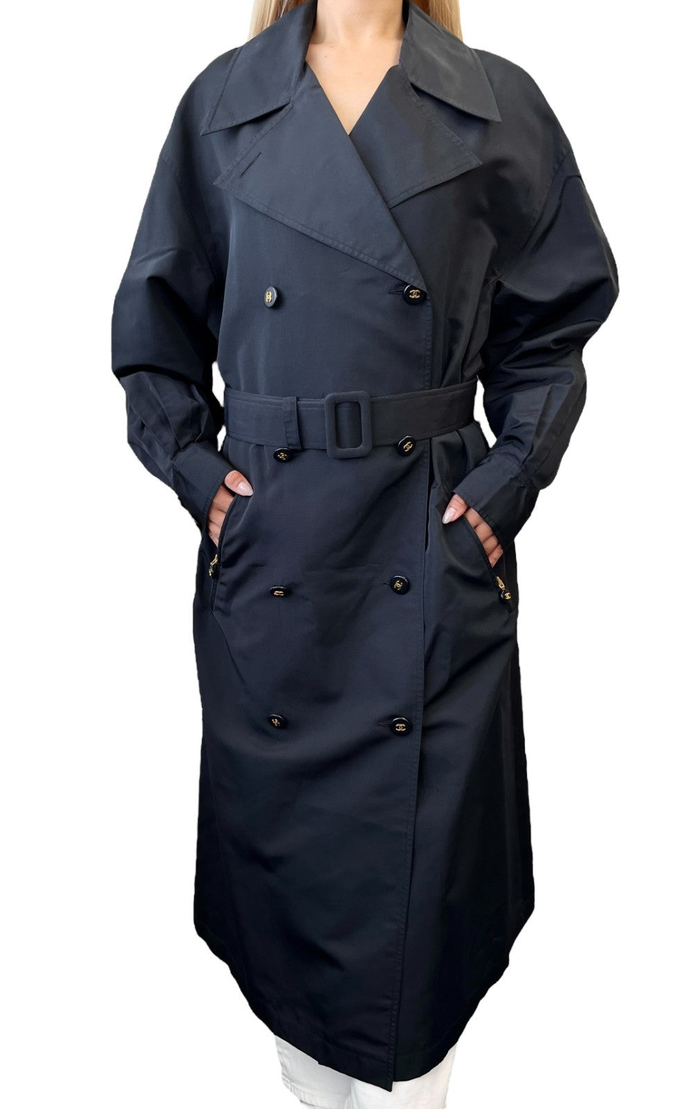 CHANEL Vintage CC Mark Logo Trench Coat Button Pocket Black Gold Silk