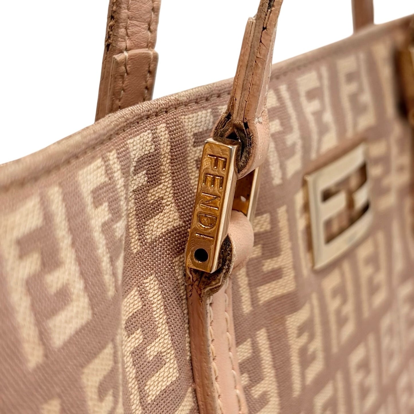 FENDI Vintage FF Logo Zucchino Monogram Tote Hand Bag Pink Beige 902445