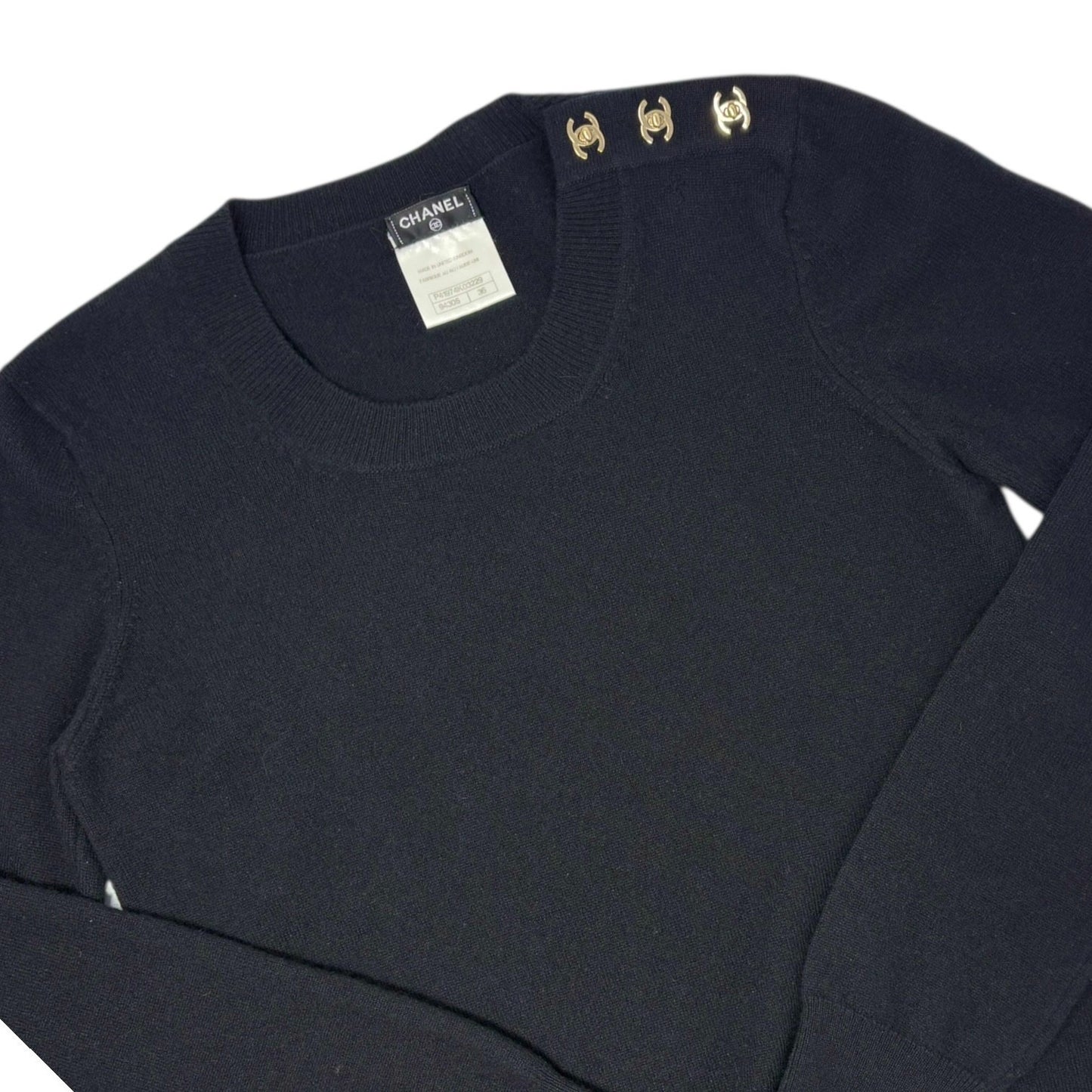 CHANEL Vintage CC Logo Turnlock Cashmere Ribbed Sweater Knit Top #36 Black