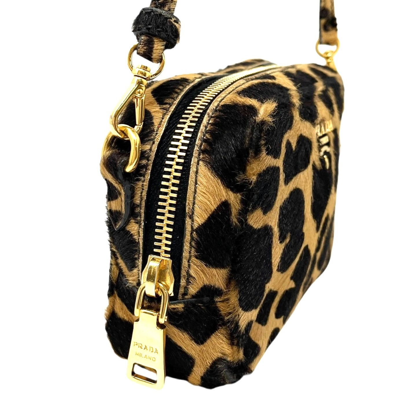 PRADA Vintage Logo Pony Hair Giraffe Crossbody Mini Bag Camel Brown Calf Hair