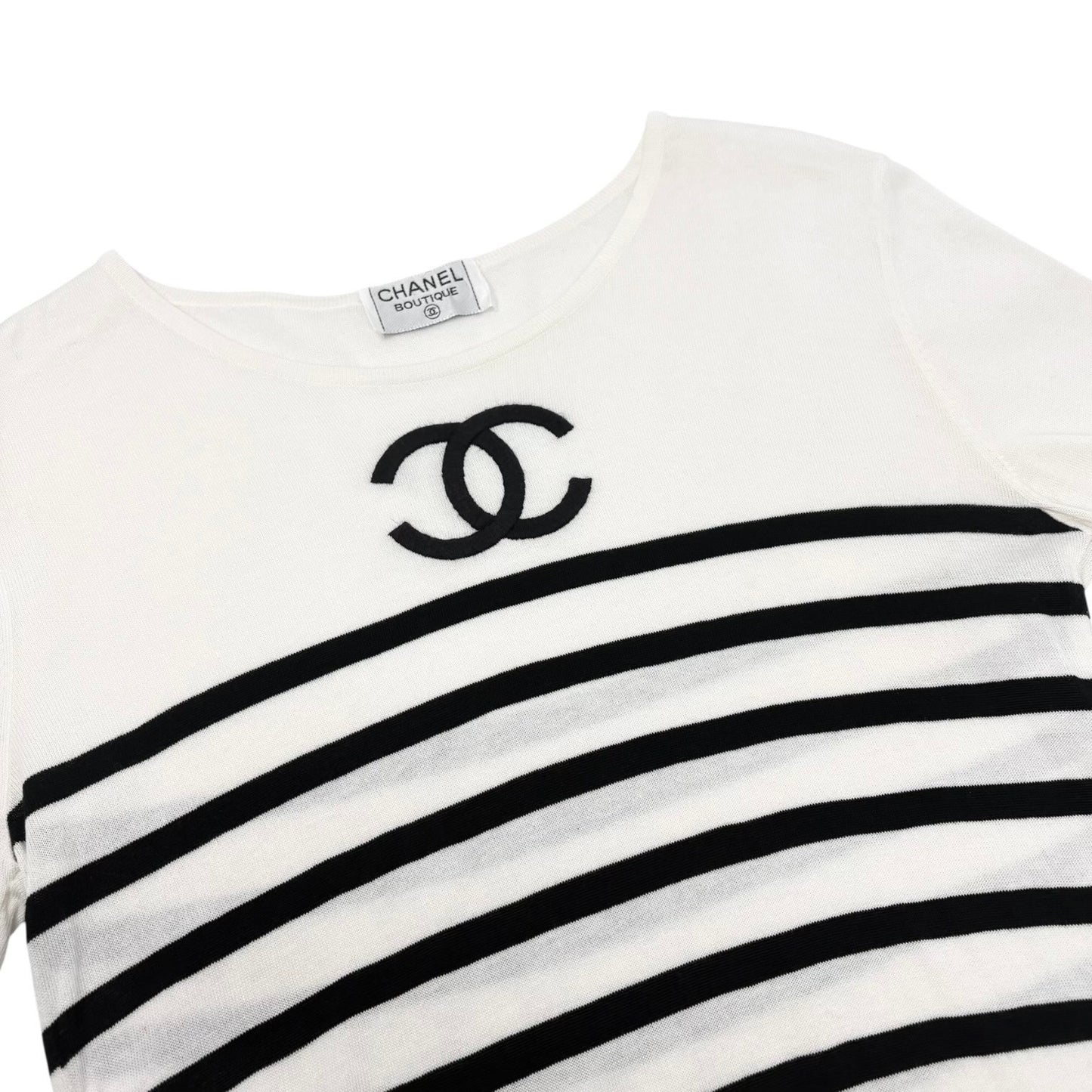 CHANEL Vintage CC Logo Strip T-shirt Top #38 White Black Cotton Short Sleeve