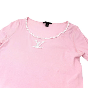 LOUIS VUITTON Vintage LV Logo T-shirt Top #L Beads Pink White Cotton Rank AB