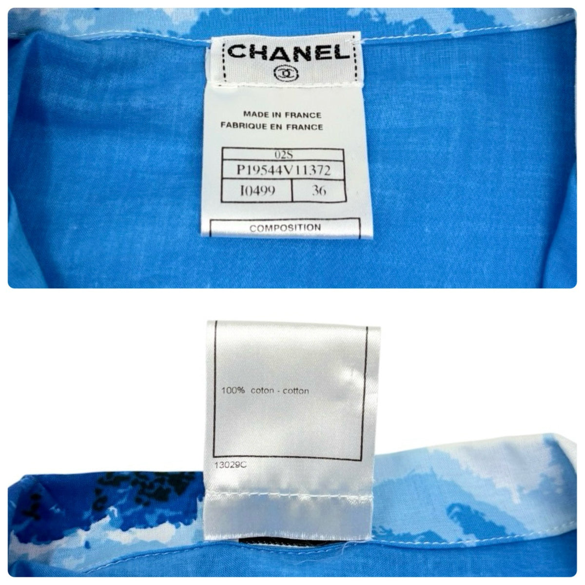 CHANEL Surf Vintage 02S CC Logo Aloha Shirt Top #36 Blue White Cotton 902834