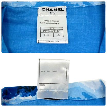 CHANEL Surf Vintage 02S CC Logo Aloha Shirt Top #36 Blue White Cotton 902834