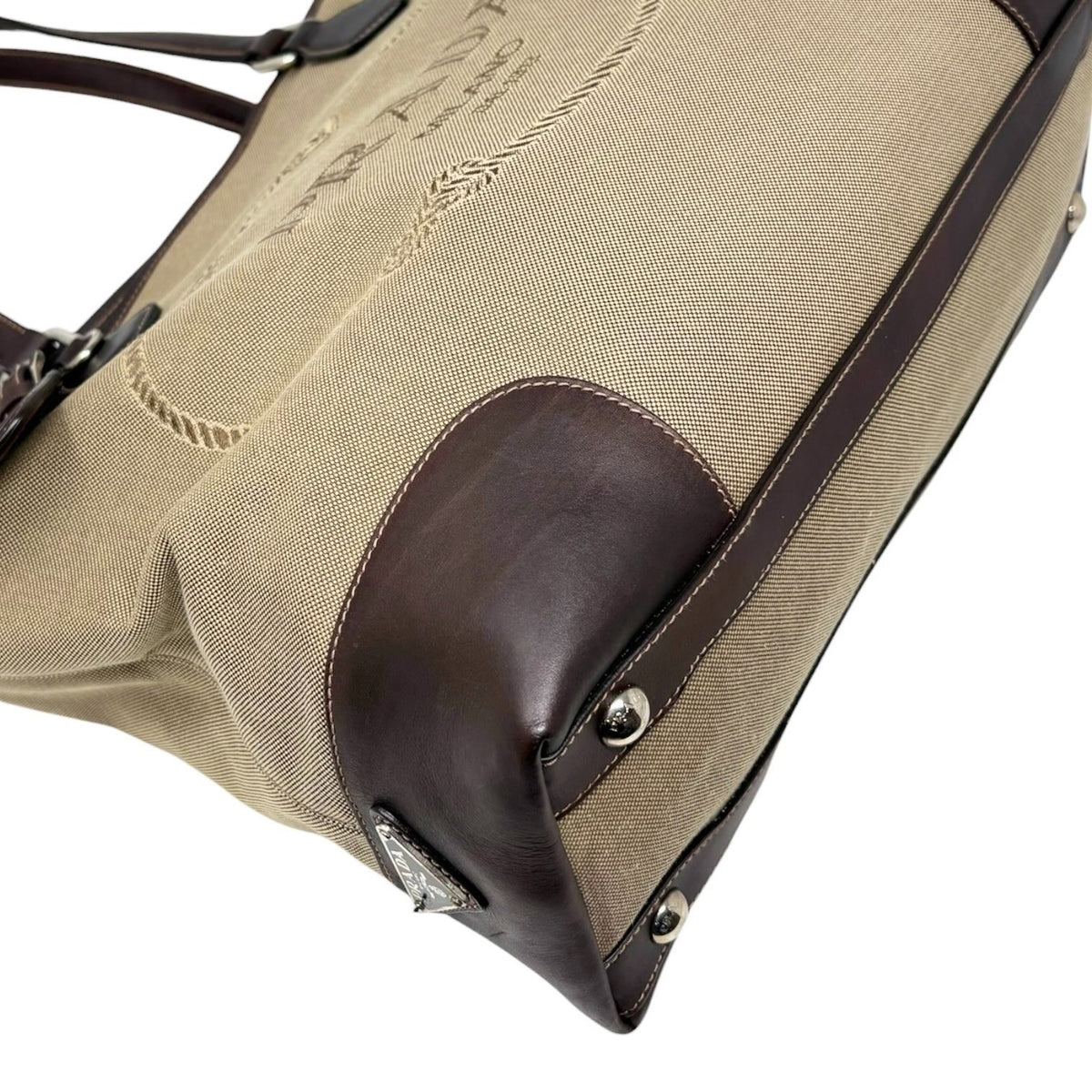 PRADA Vintage Jacquard Logo Tote Bag Brown Silver Canvas Leather 902340