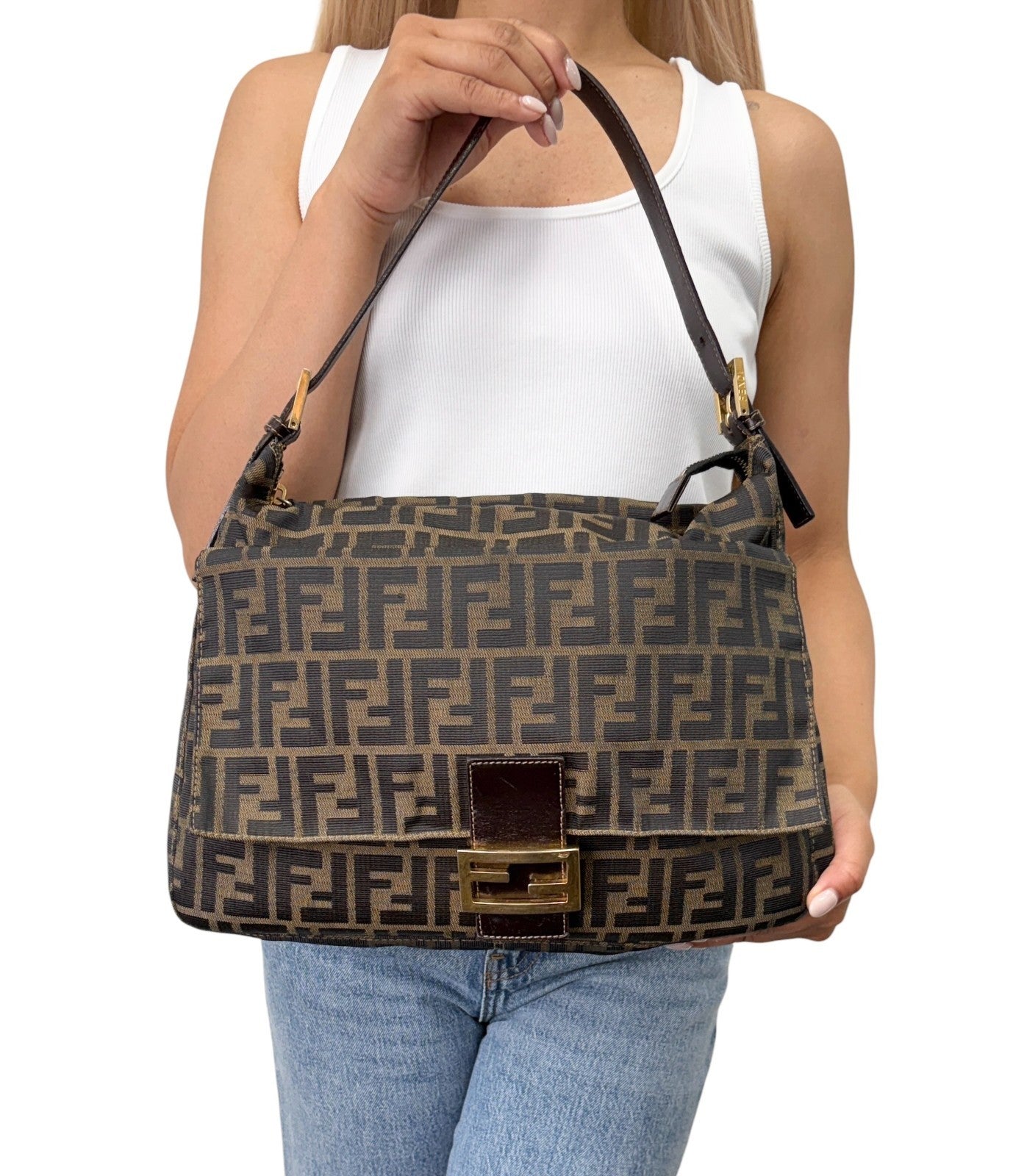 FENDI Vintage FF Zucca Mamma Baguette Pocket Shoulder Bag Brown Canvas 902439