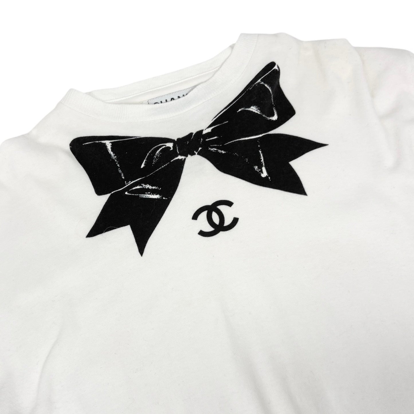 CHANEL Vintage CC Logo Bow Graphic Crewneck T-shirt Top #M White Cotton Ribbon