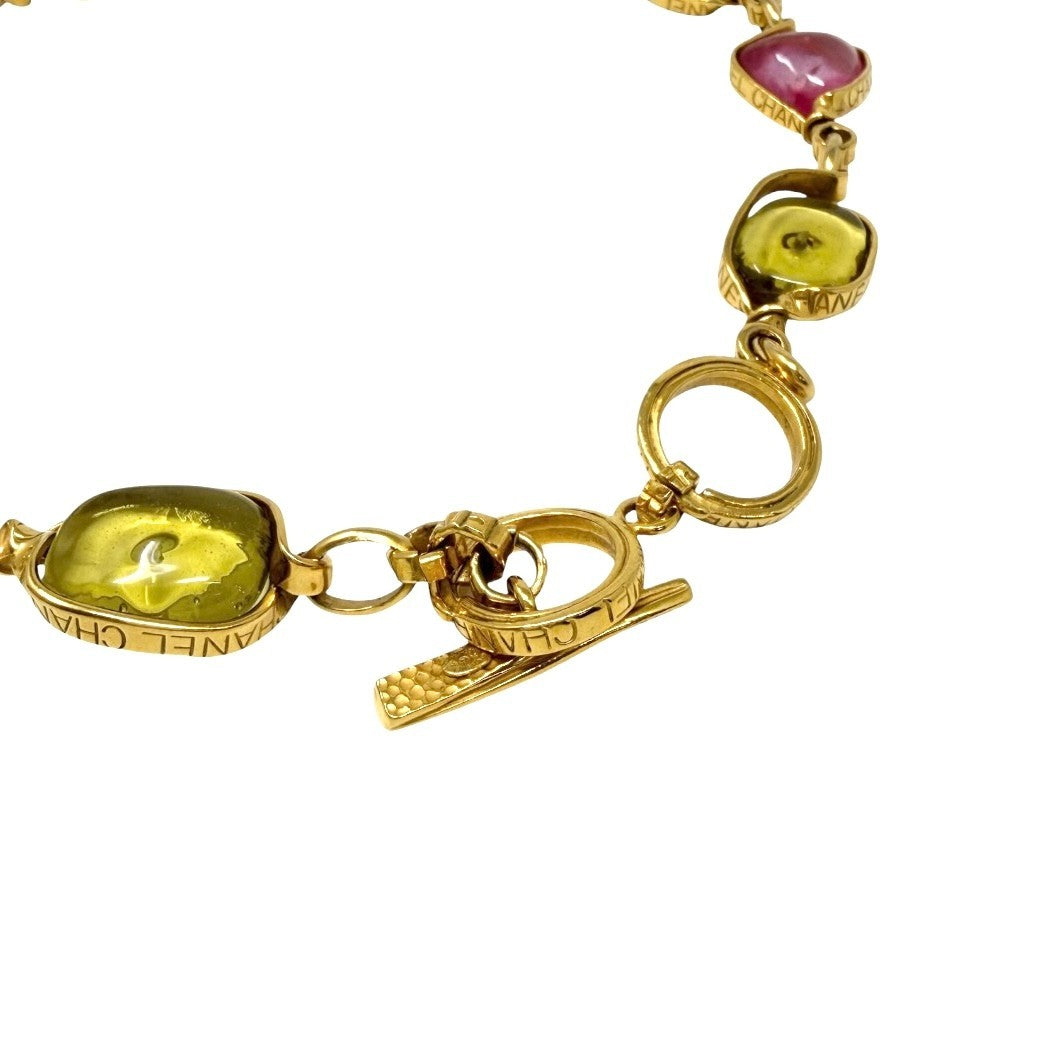 CHANEL Vintage 96P CC Logo Multicolor Glass Cabochon Necklace Gold 902238