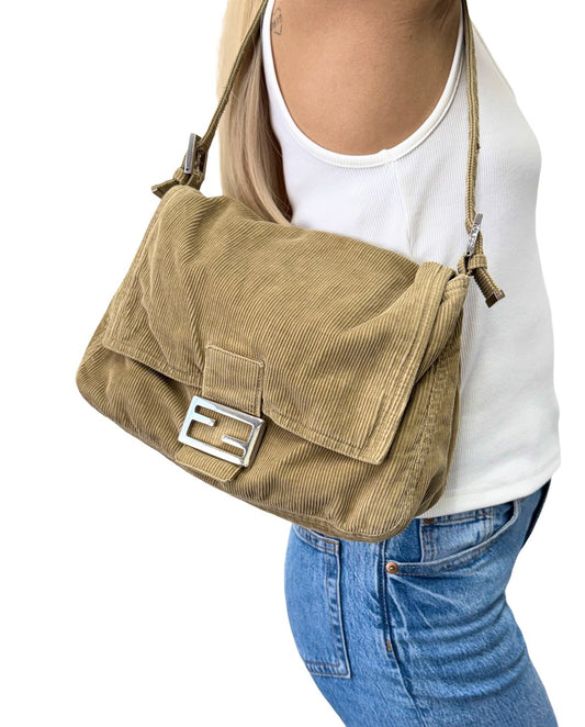 FENDI Vintage FF Logo Corduroy Mamma Baguette Shoulder Bag Light Brown 902415