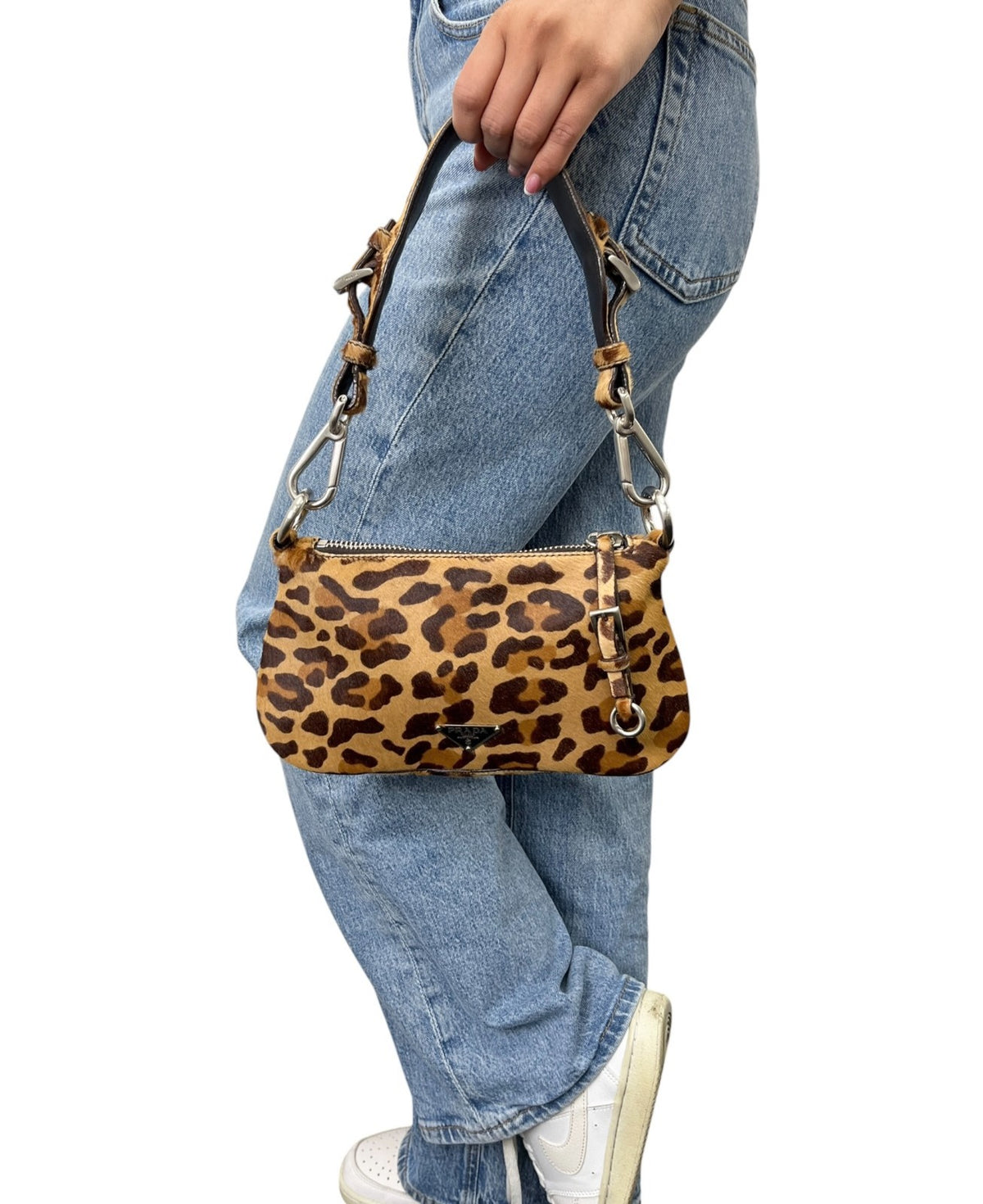 PRADA Vintage Logo Leopard Pony Calf Hair Shoulder Bag Brown Camel 902474