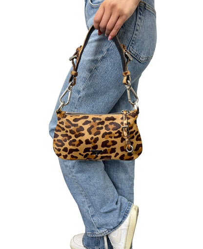 PRADA Vintage Logo Leopard Pony Calf Hair Shoulder Bag Brown Camel 902474