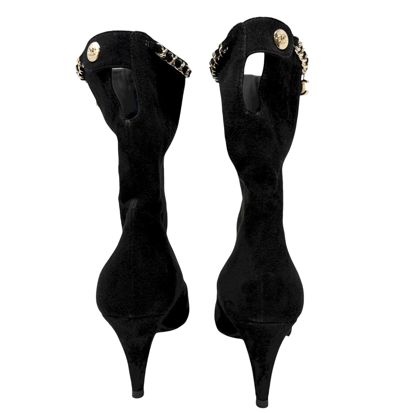 CHANEL Vintage CC Logo Charm Button Ankle Suede Boots Heels #39 Black Gold