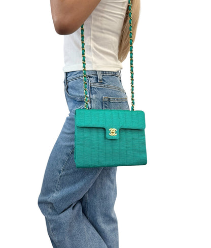 CHANEL Vintage CC Mark Logo Crossbody Shoulder Flap Bag Chain Green Gold Cotton