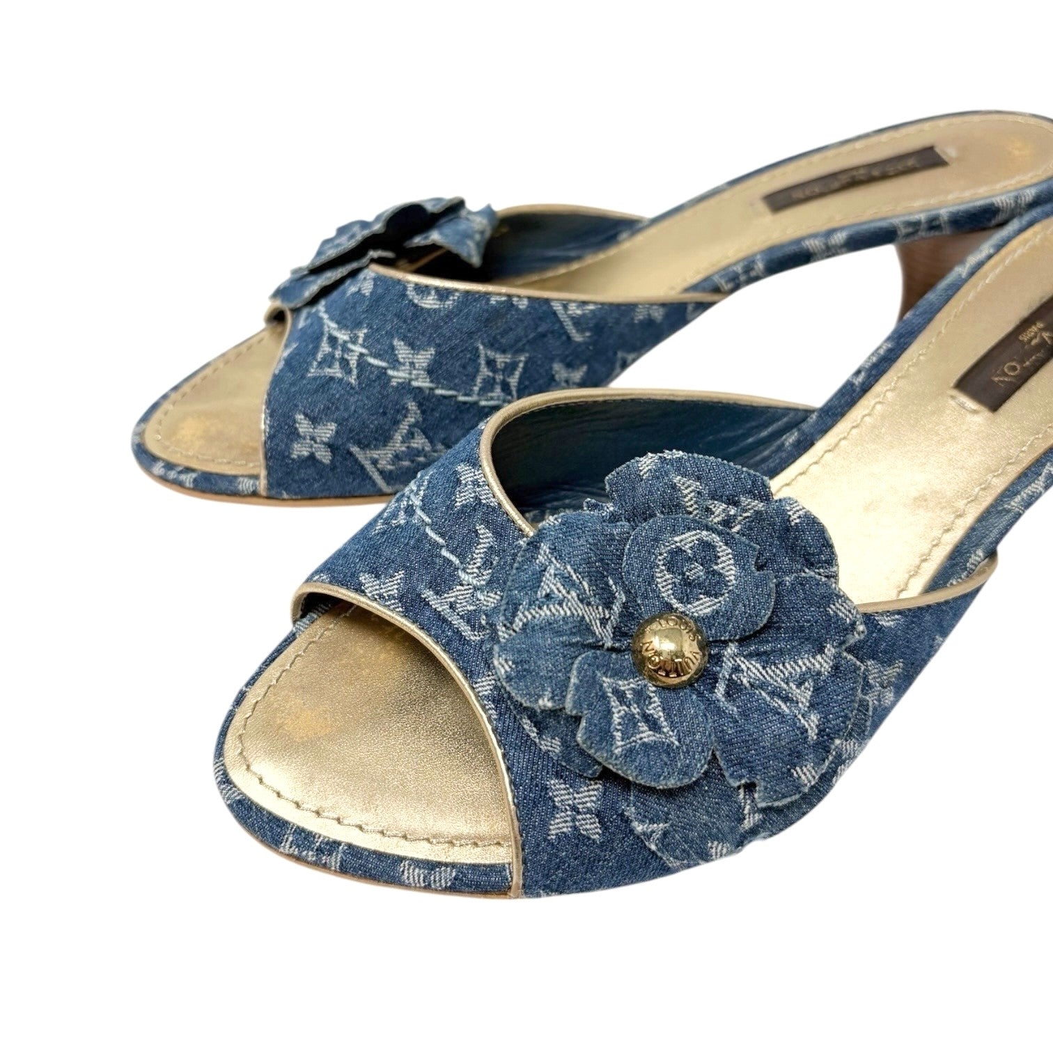 LOUIS VUITTON Vintage LV Monogram Denim Flower Heels Sandals #37 Blue Gold