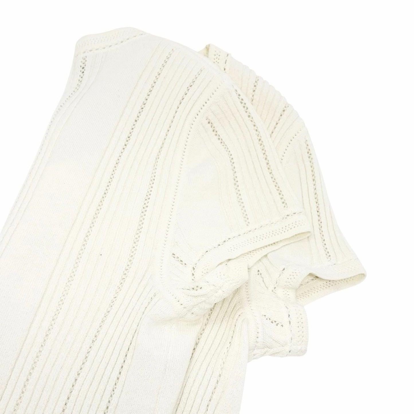 CHANEL Vintage 03P CC Logo Stripe Knit Rib T-shirt Top #42 White Cotton 902038