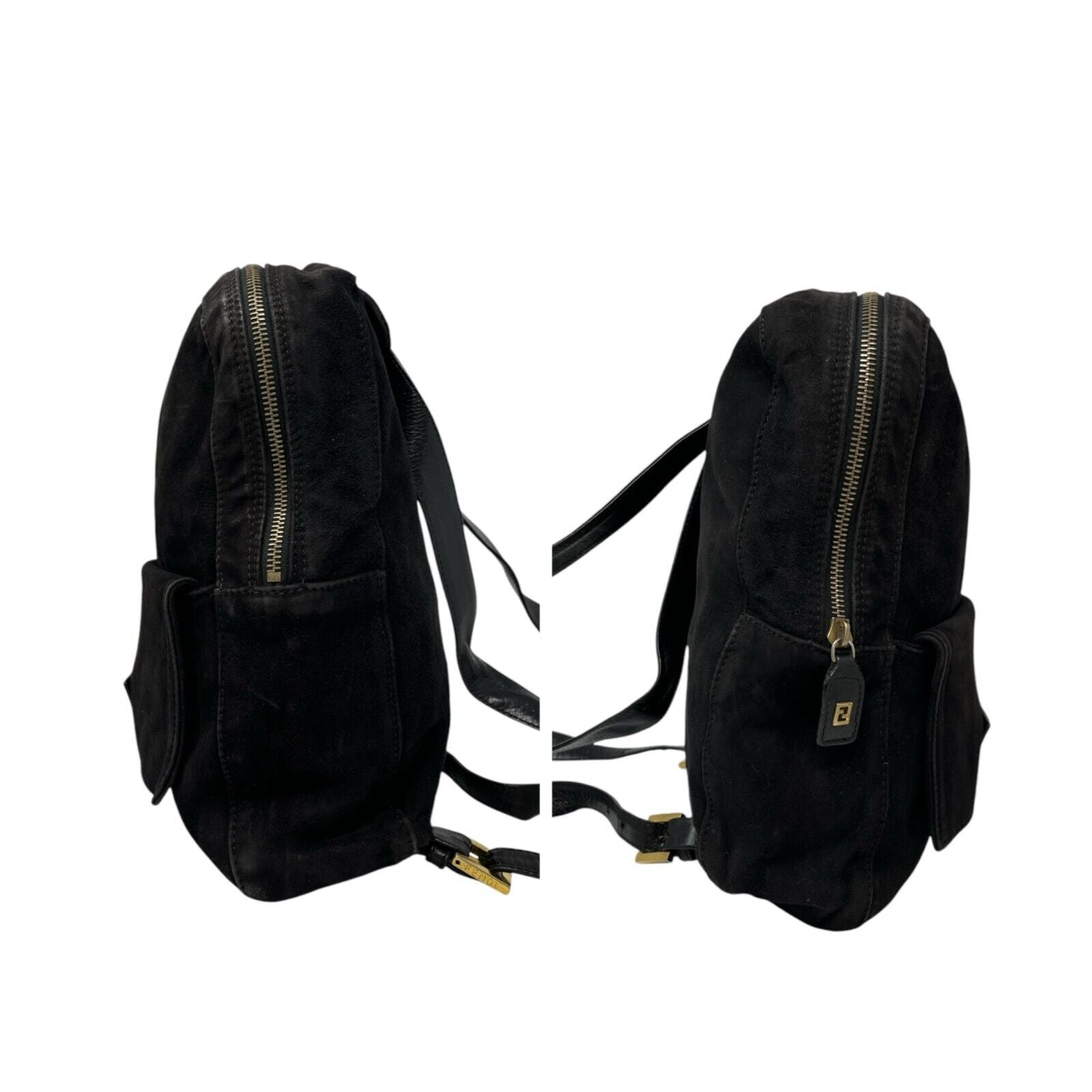 FENDI Vintage FF Logo Backpack Zip Black Green Suede Leather Front Pocket