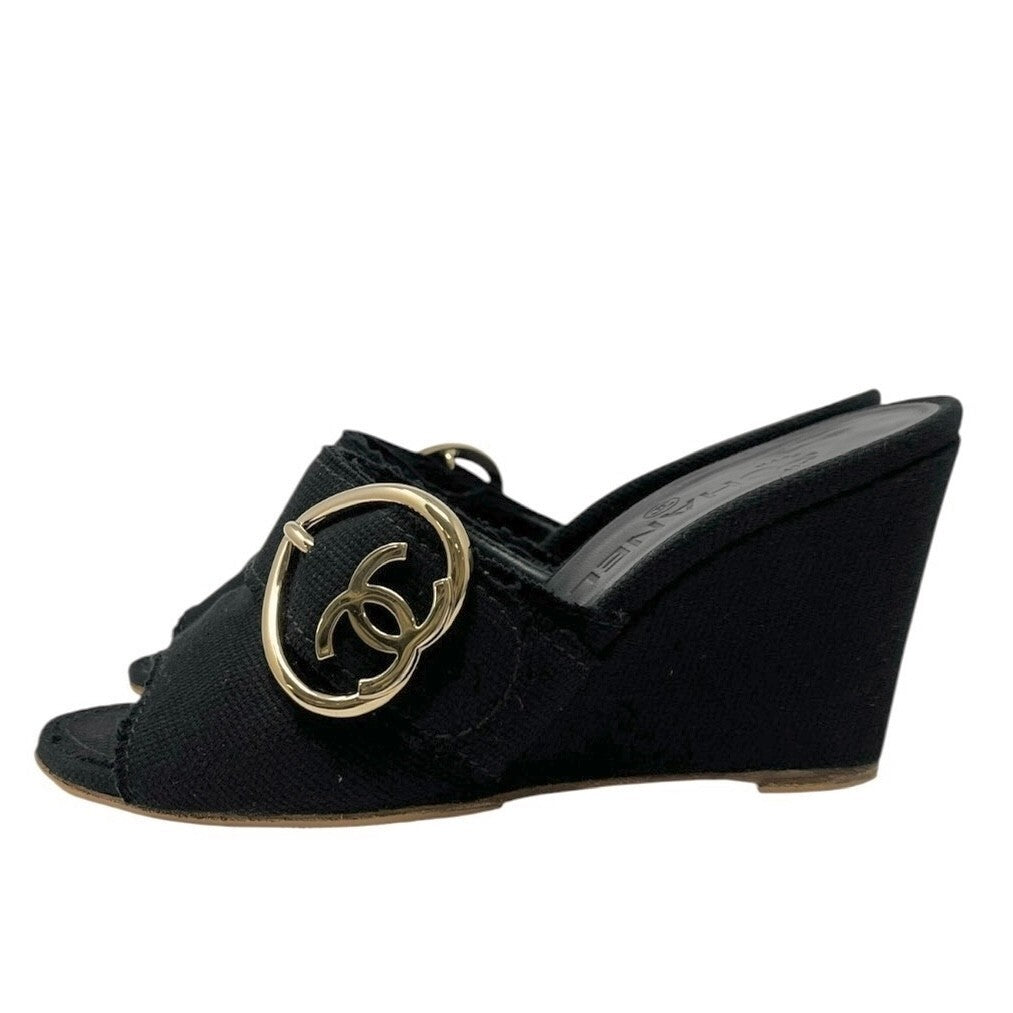 CHANEL Vintage CC Mark Logo Sandals Heart Buckle #36.5-37 Black Gold Cotton