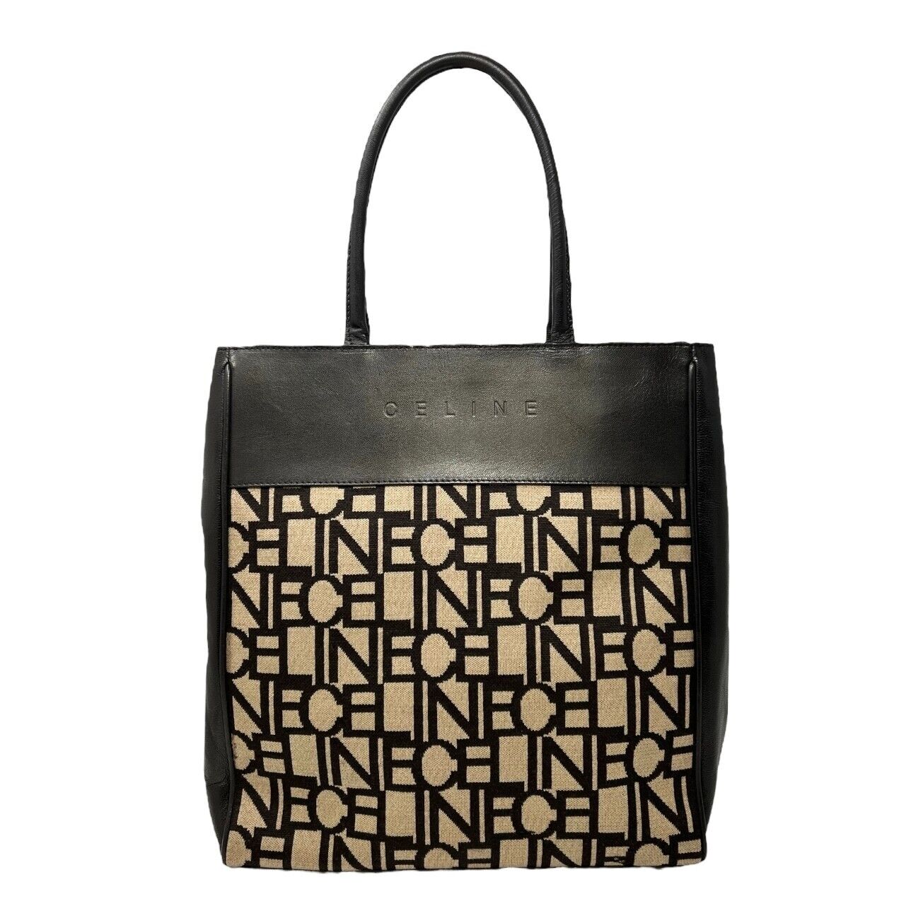 CELINE Vintage Logo Tote Bag Shoulder Bag Brown Beige Gold Leather Cotton RankA