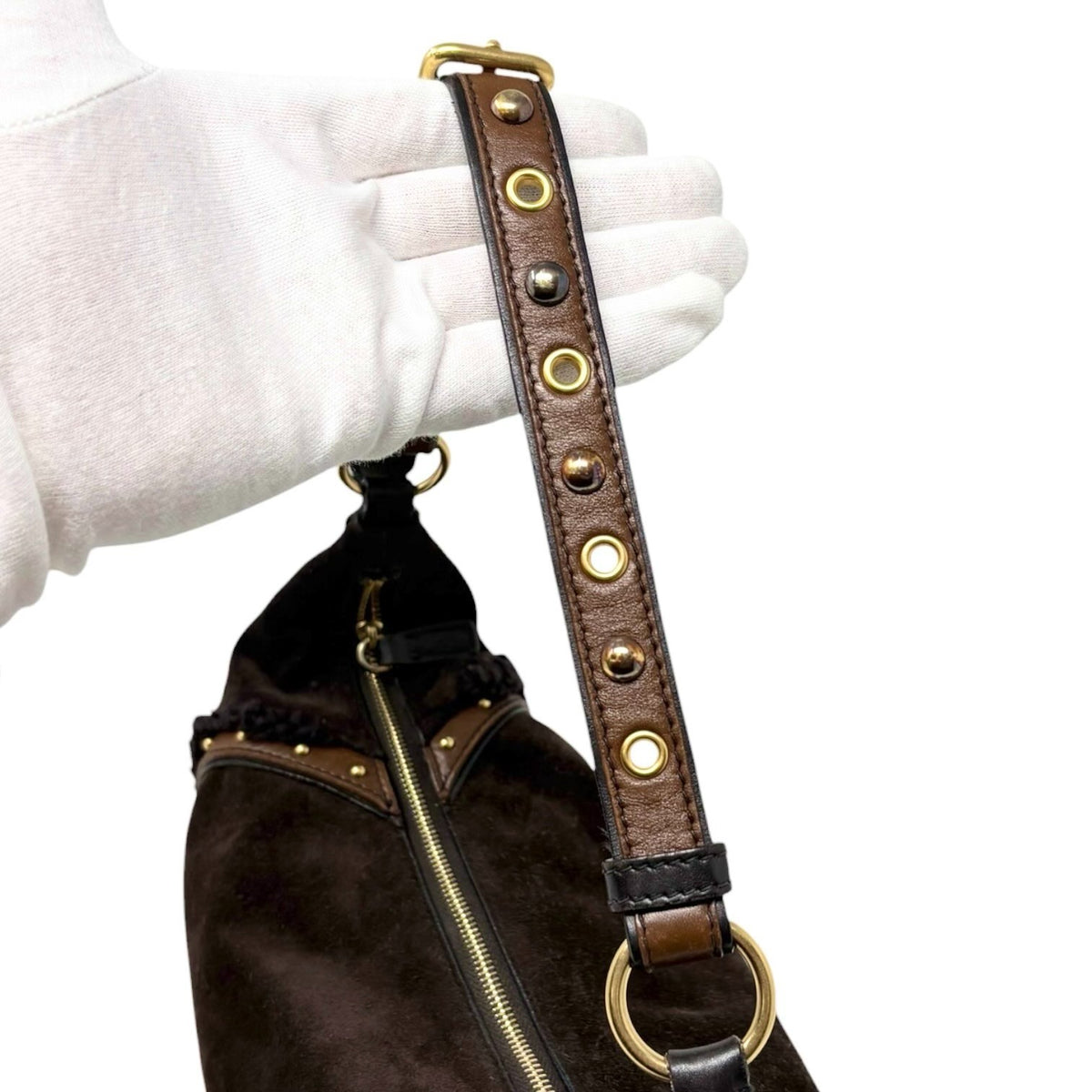 miumiu Vintage Shearling Studded Shoulder Bag Suede Boa Brown Gold 902328