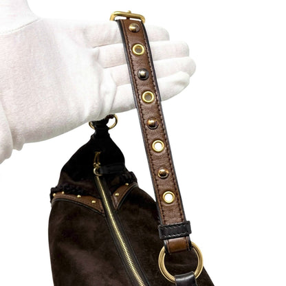 miumiu Vintage Shearling Studded Shoulder Bag Suede Boa Brown Gold 902328