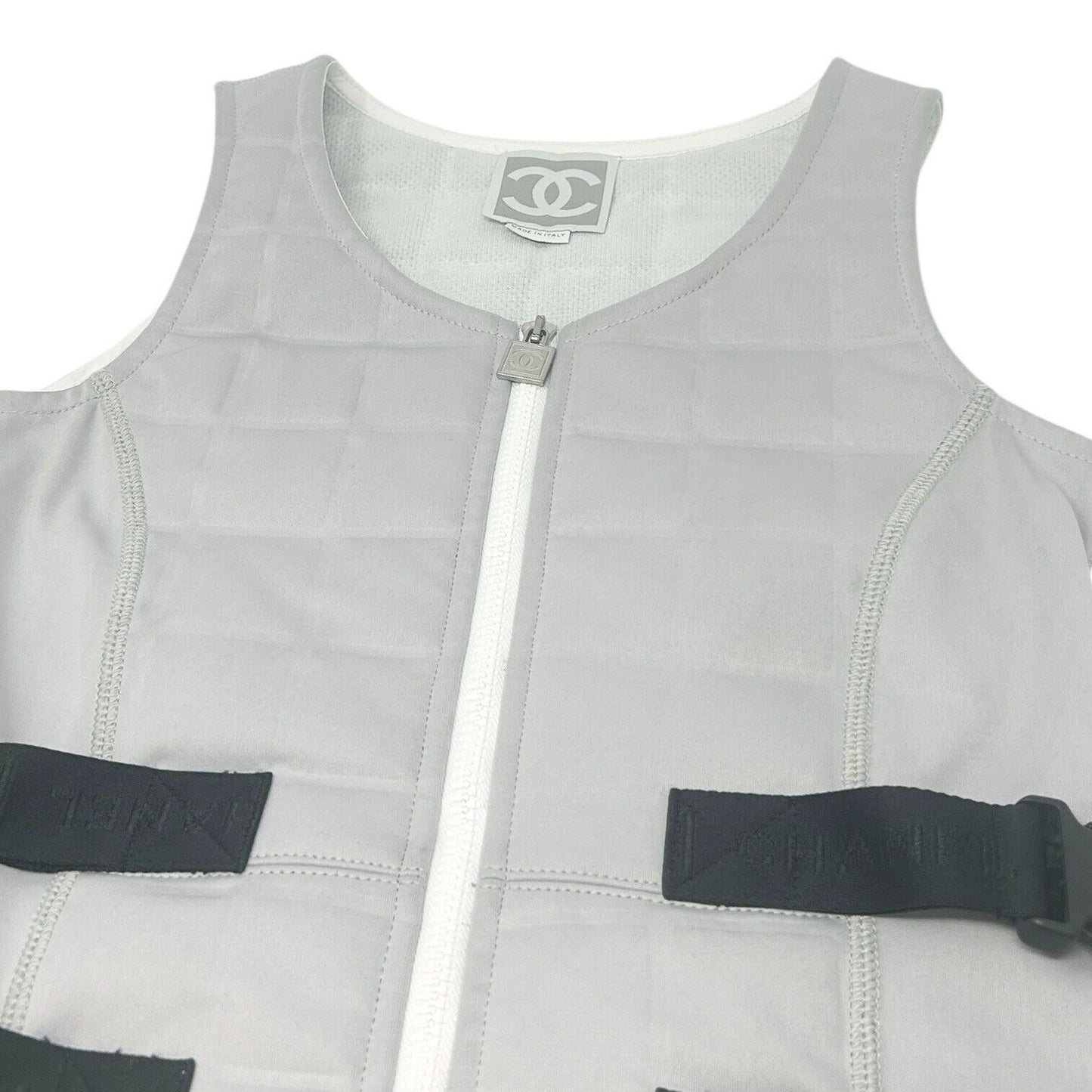 CHANEL Vintage 2004 CC Mark Logo Jacket Vest #38 Gray Black Polyester Zip