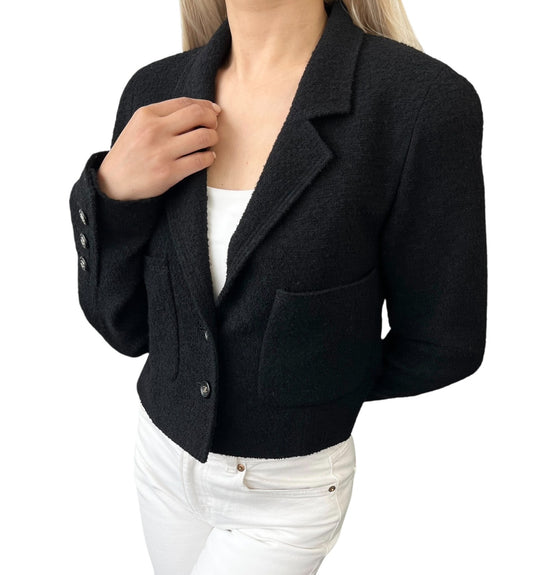 CHANEL Vintage 96P CC Logo Button Cropped Blazer Jacket #38 Black Silver