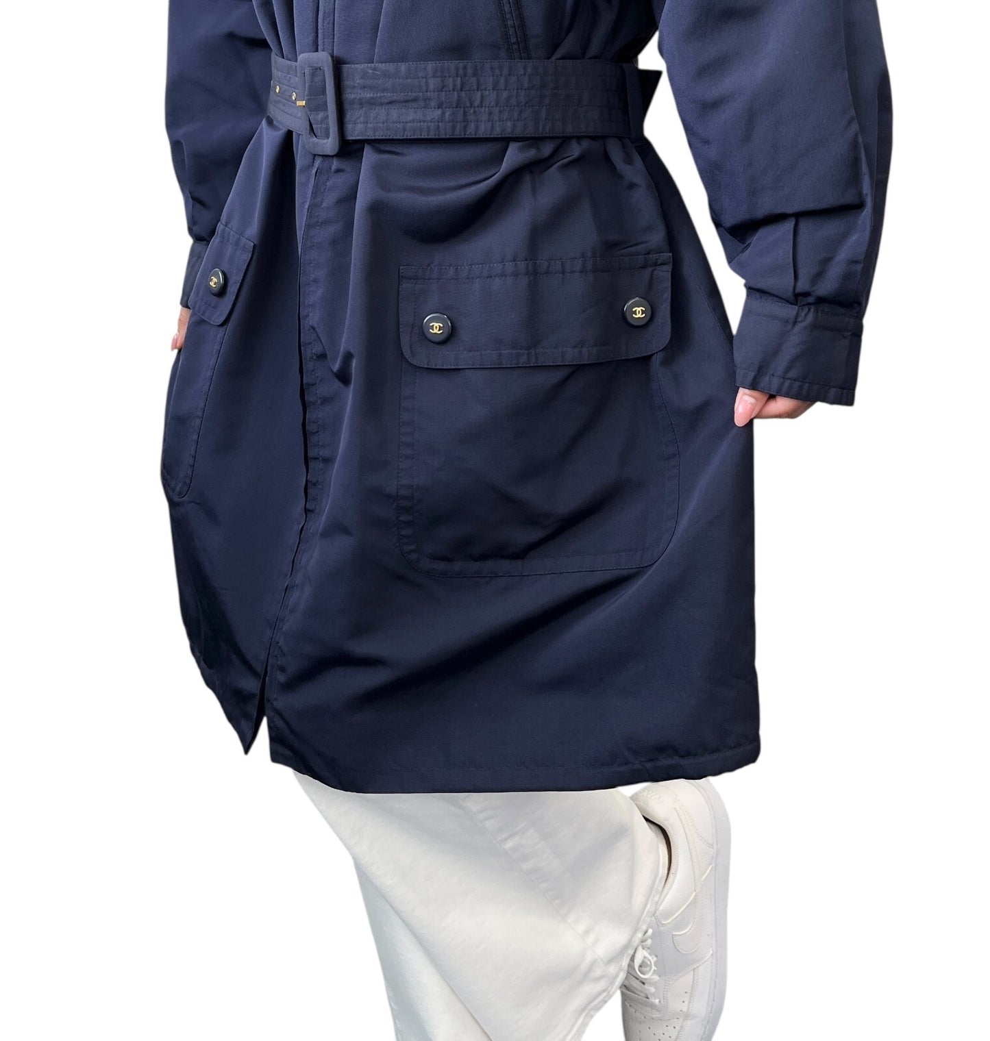 CHANEL Vintage PO5667 CC Logo Long Coat Jacket #38 Zip Pocket Belt Dark Blue