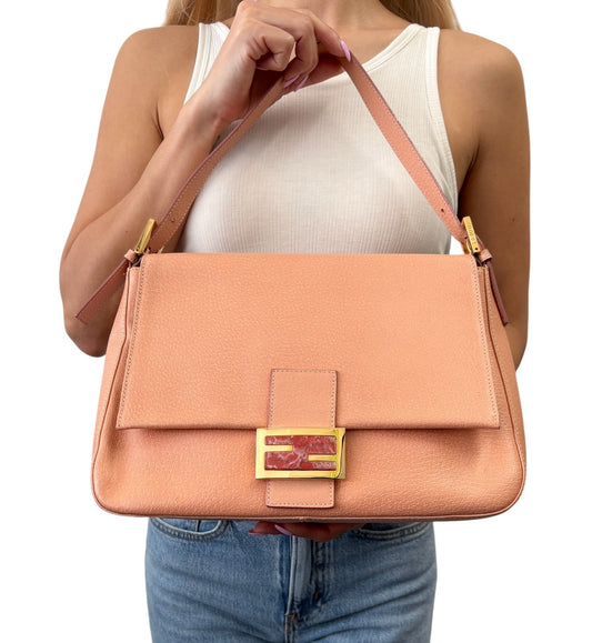 FENDI Vintage FF Logo Mamma Baguette Shoulder Bag Handbag Salmon Pink Leather