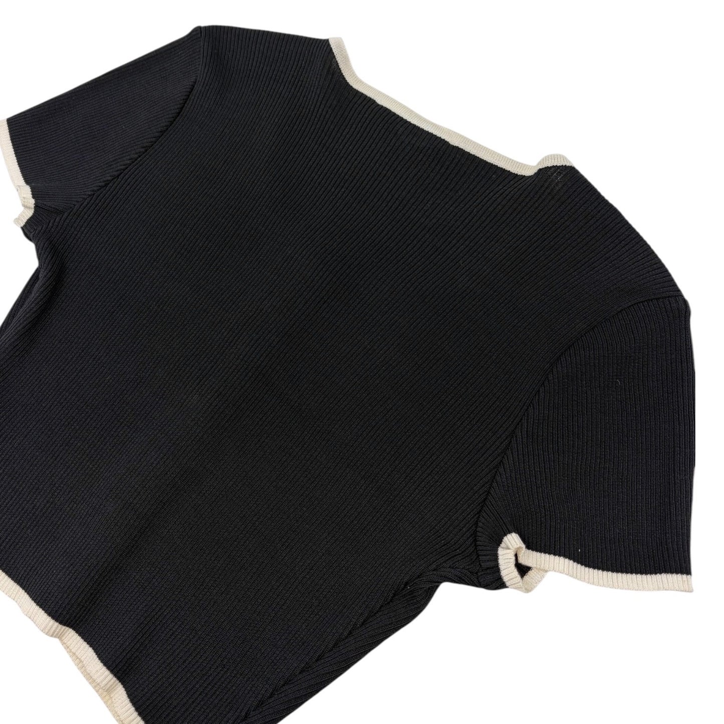 CHANEL Vintage 95P CC Logo Button Knit Cropped Ribbed T-shirt Top #42 Black