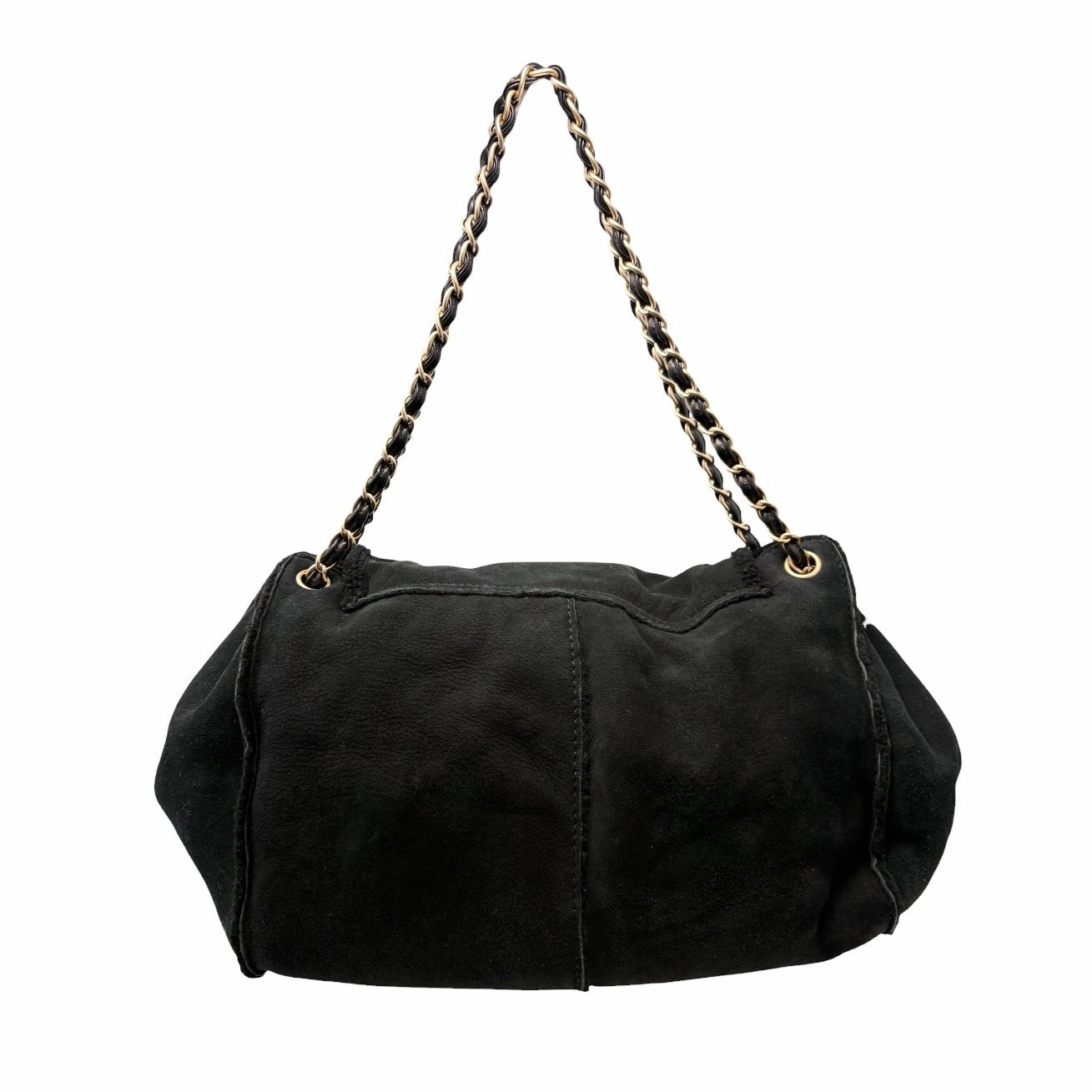 CHANEL Vintage CC Big Logo Shearling Chain Shoulder Bag Black Gold Suede Mouton