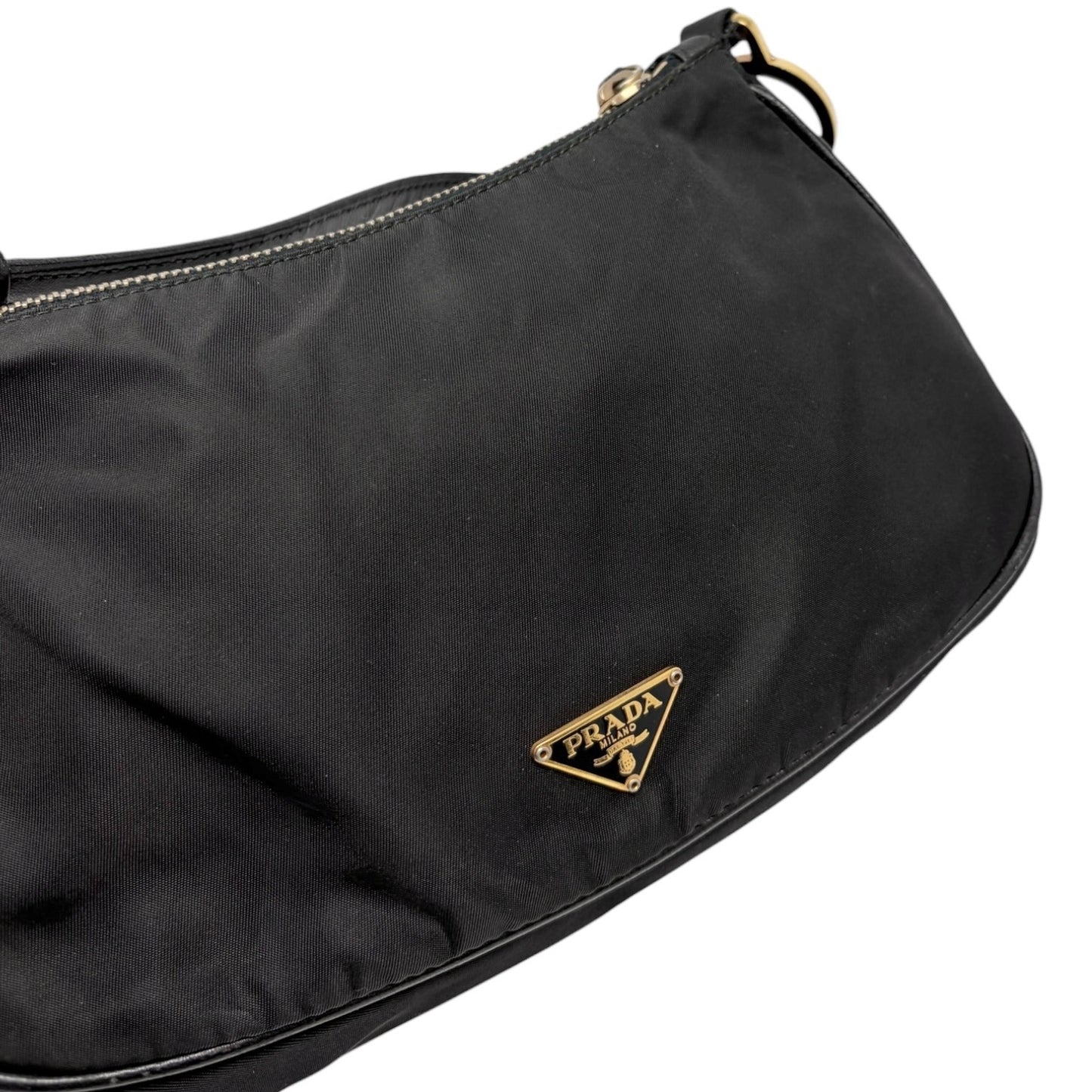PRADA Vintage Mini Shoulder Nylon Bag Handbag Pochette Black Gold Logo